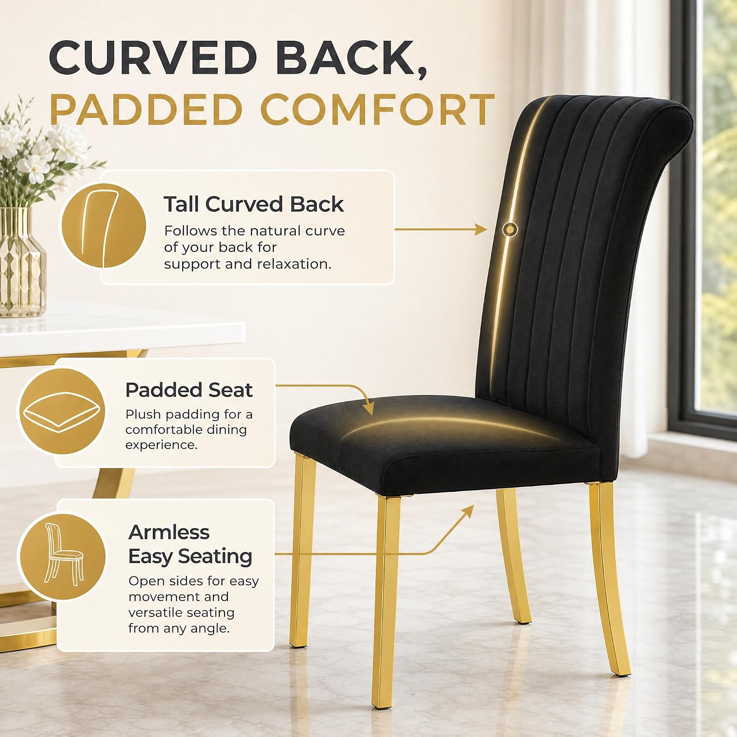 Stella Mia Dining Chairs Set of 2, Channel Tufted Upholstered Armless Side Chairs with Polished Gold Metal Legs
