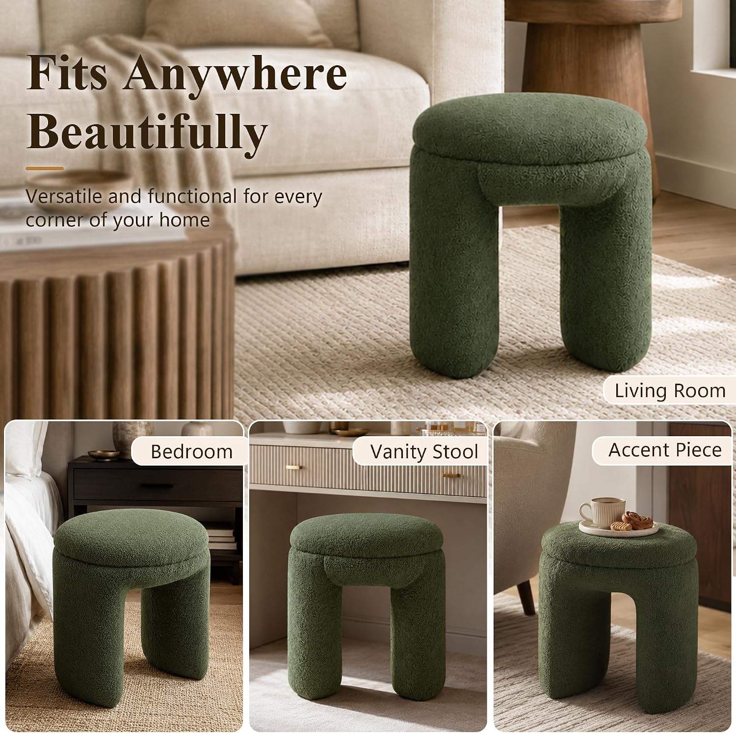 Stella Mia Round Ottoman Stool, Teddy-Like Upholstered Foot Stool with Arch Base