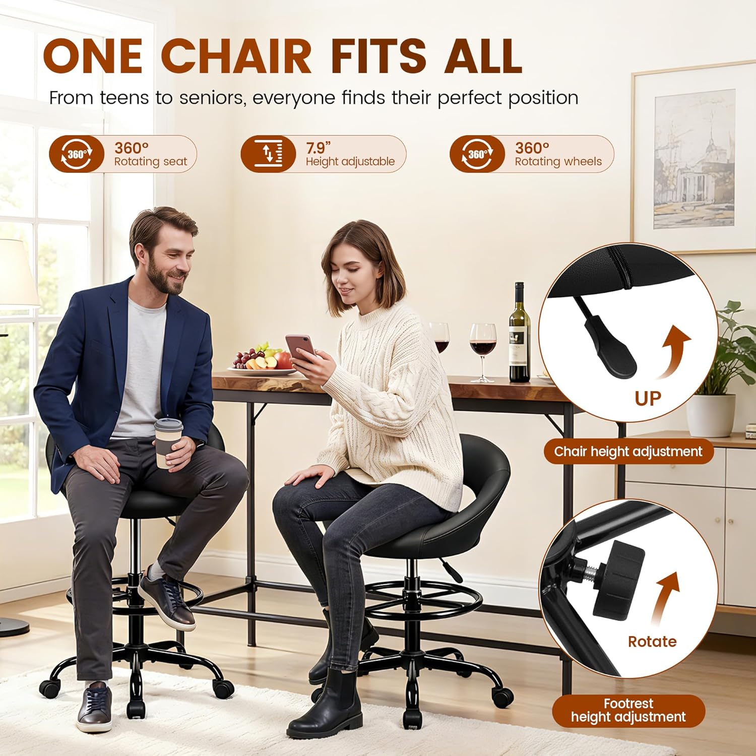 Stella Mia Ergonomic Drafting Chair for Standing Desk, Height Adjustable Rolling Stool with Foot Rest
