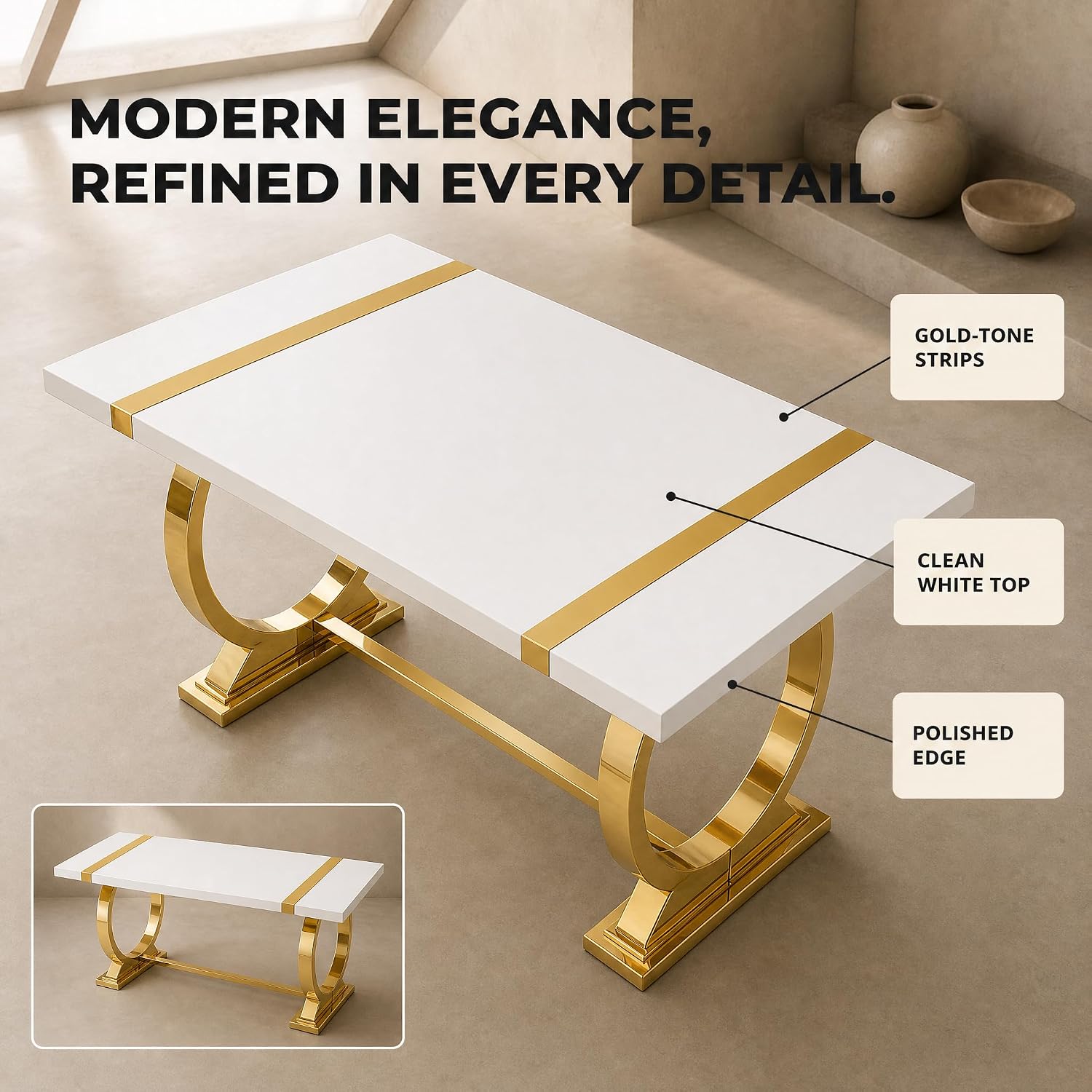 Stella Mia 60 Inch Modern Contemporary Rectangular Dining Table for 4–6, White Kitchen Table with Gold Polished Steel Base