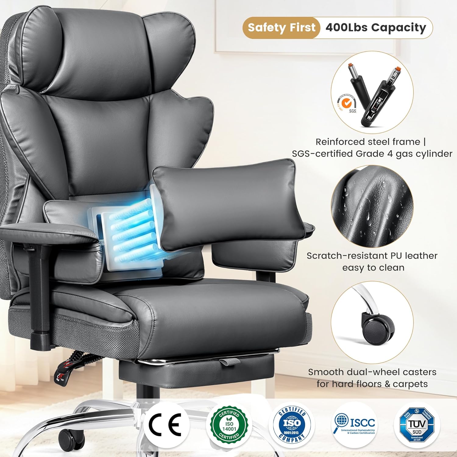 Stella Mia Big & Tall Office Chair 400 LBS Capacity, Heavy Duty Ergonomic Executive Computer Chair with Adjustable Arms and Wide Seat