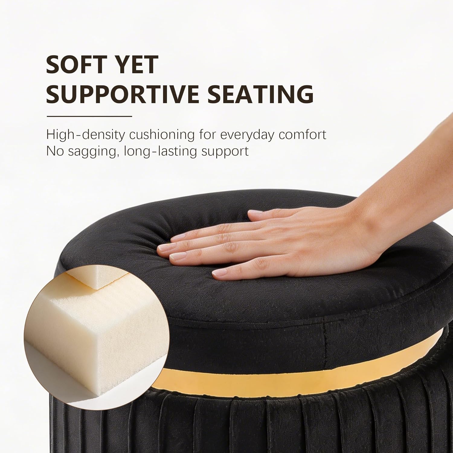 Stella Mia Round Ottoman, Velvet Upholstered Small Foot Stool with Gold Trim, Modern Ottoman Foot Rest with Stainless Steel Base