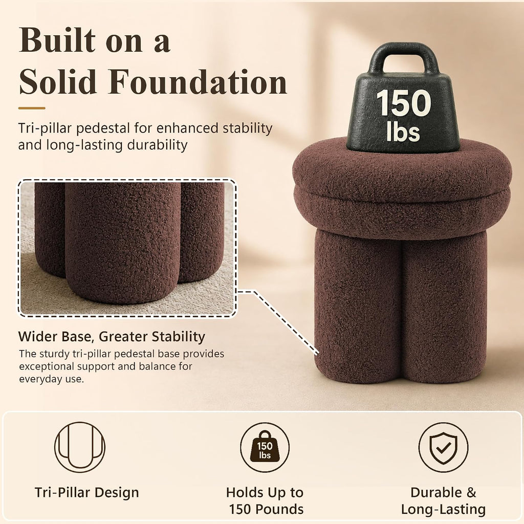 Stella Mia Mushroom Ottoman Stool, Teddy-Like Upholstered Accent Stool with Tri-Pillar Pedestal Base