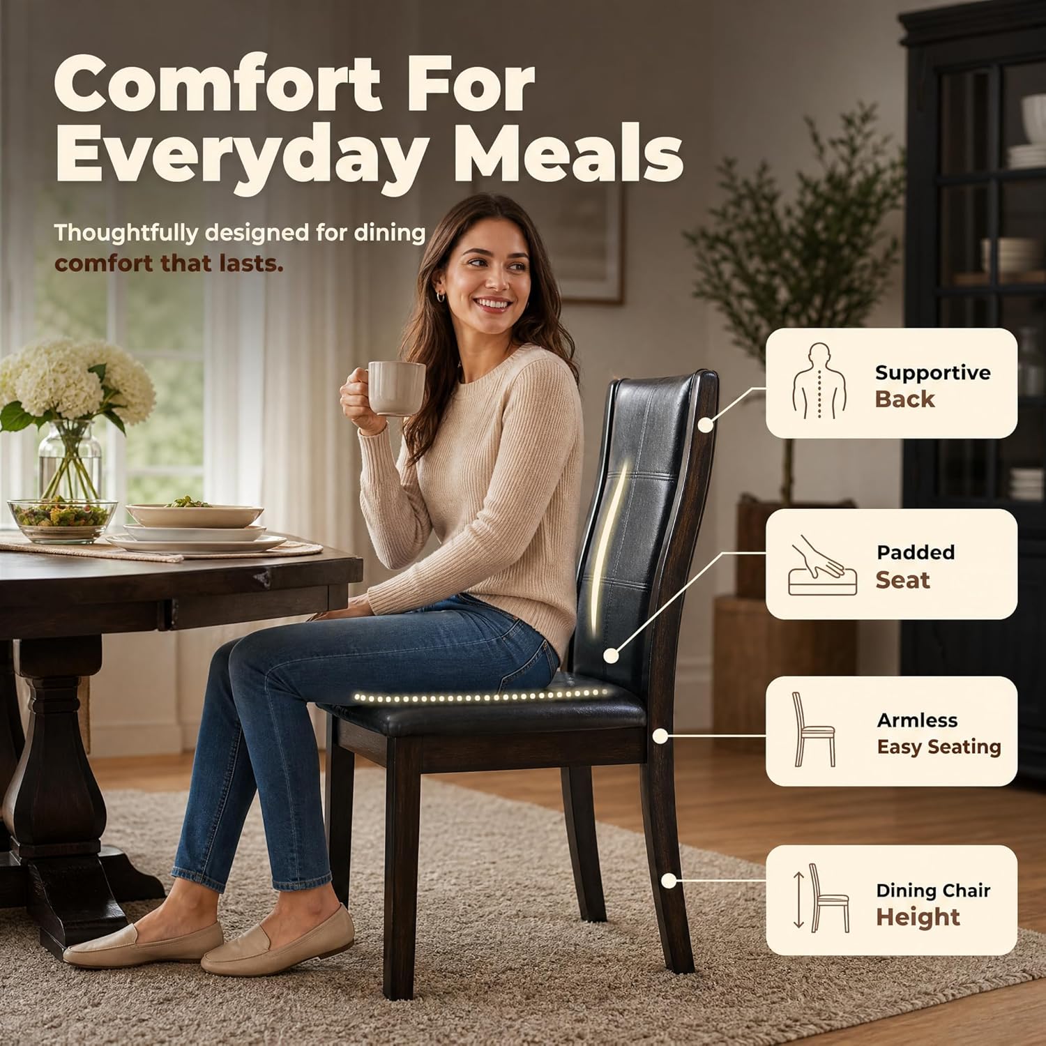 Stella Mia Standard Height Dining Chairs Set of 2, Traditional Armless Tall Dining Side Chairs with Dark Wood Legs for Regular Dining Table