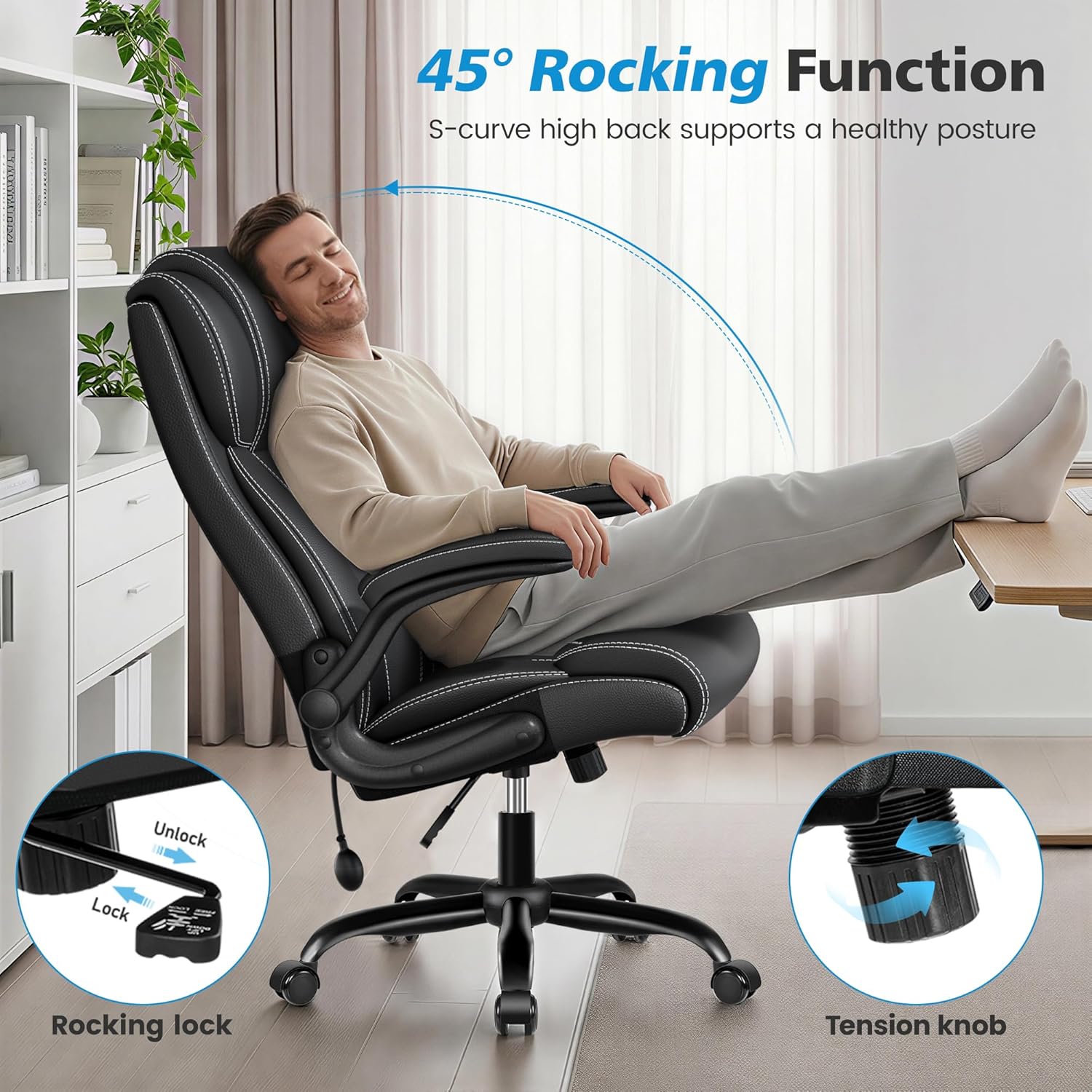 Stella Mia Ergonomic Office Chair – High Back Executive Leather Desk Chair with Inflatable Lumbar Support for Back Pain
