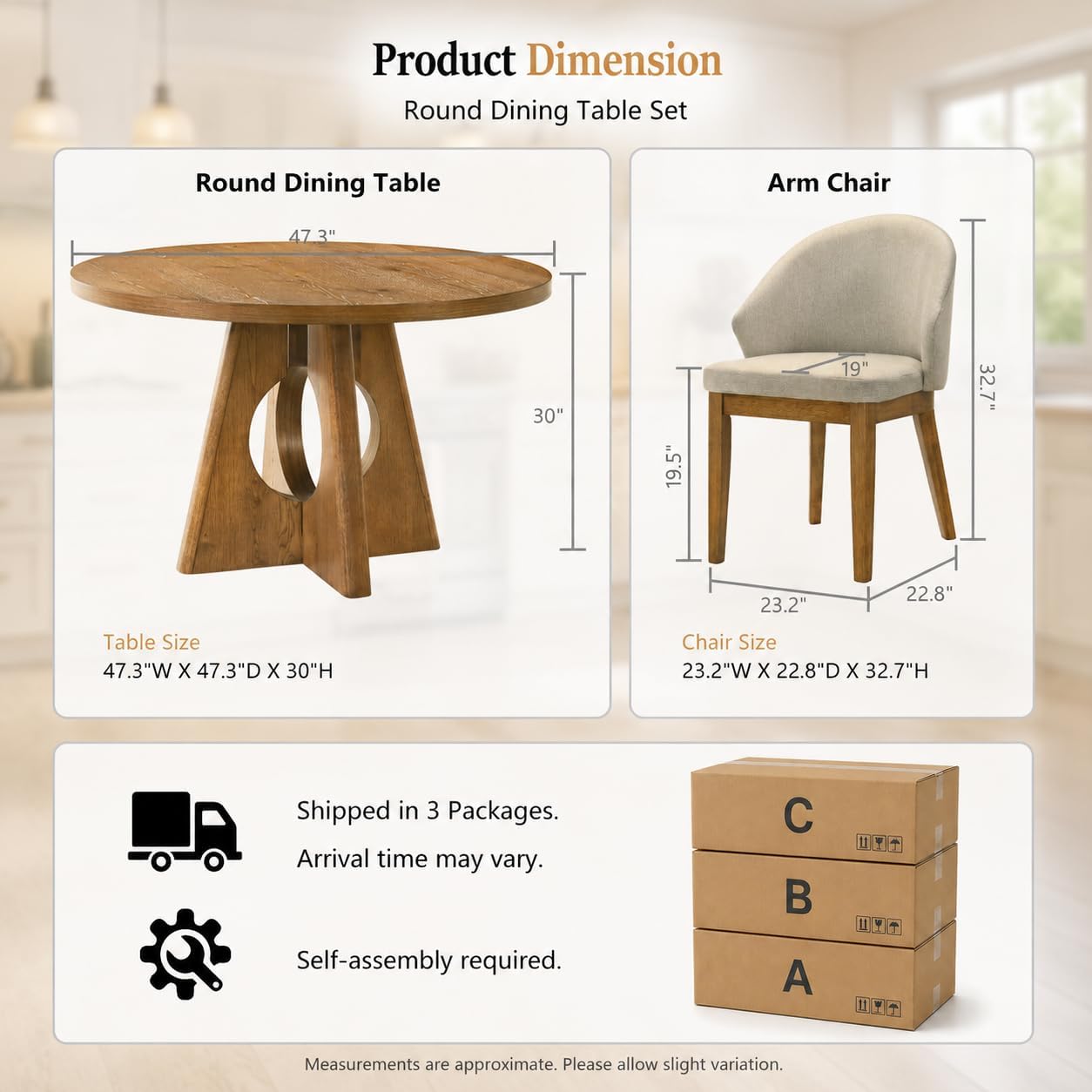 Stella Mia 5-Piece Round Dining Table Set for 4, 47" Organic Modern Kitchen Table & 4 Upholstered Chairs