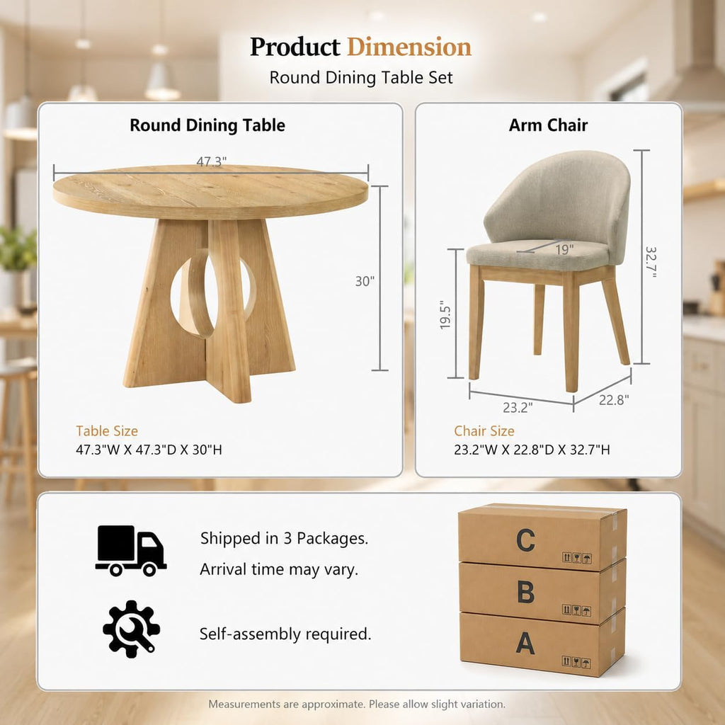 Stella Mia 5-Piece Round Dining Table Set for 4, 47" Organic Modern Kitchen Table & 4 Upholstered Chairs