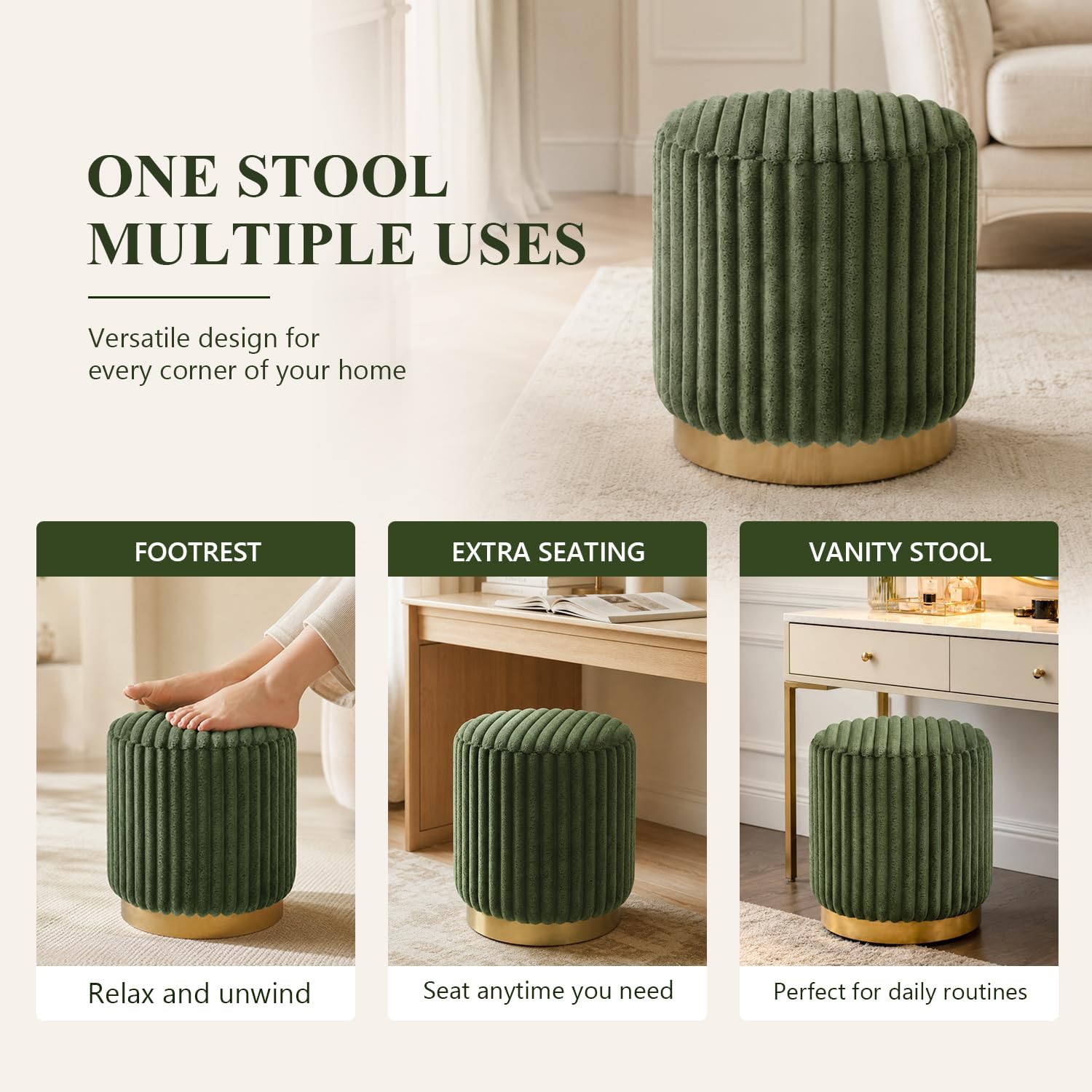 Stella Mia Round Ottoman Stool, Fur-Like Upholstered Small Ottoman Foot Rest with Gold Stainless Steel Plinth Base