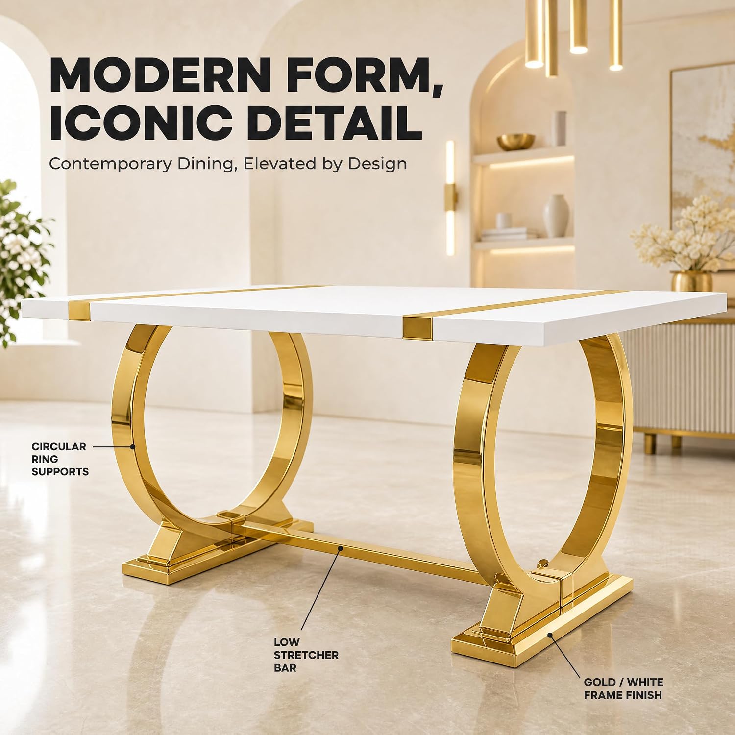 Stella Mia 60 Inch Modern Contemporary Rectangular Dining Table for 4–6, White Kitchen Table with Gold Polished Steel Base