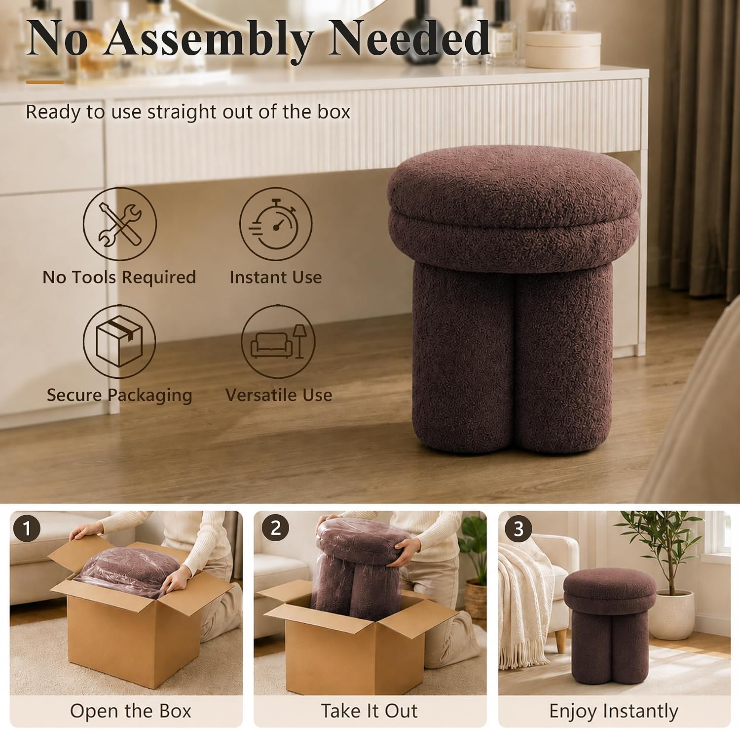 Stella Mia Mushroom Ottoman Stool, Teddy-Like Upholstered Accent Stool with Tri-Pillar Pedestal Base