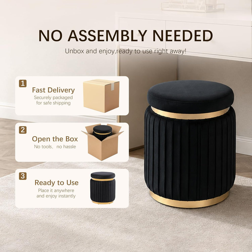 Stella Mia Round Ottoman, Velvet Upholstered Small Foot Stool with Gold Trim, Modern Ottoman Foot Rest with Stainless Steel Base