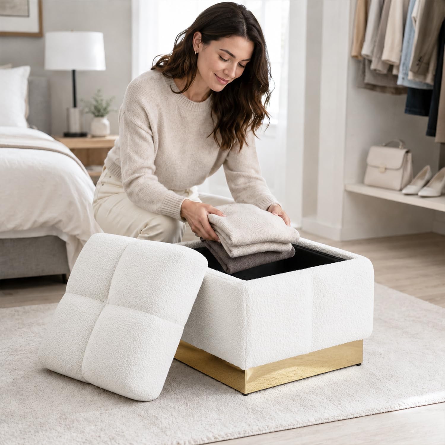 Stella Mia Boucle Storage Ottoman Stool, Modern Vanity Stool with Biscuit Tufting and Gold Stainless Steel Base