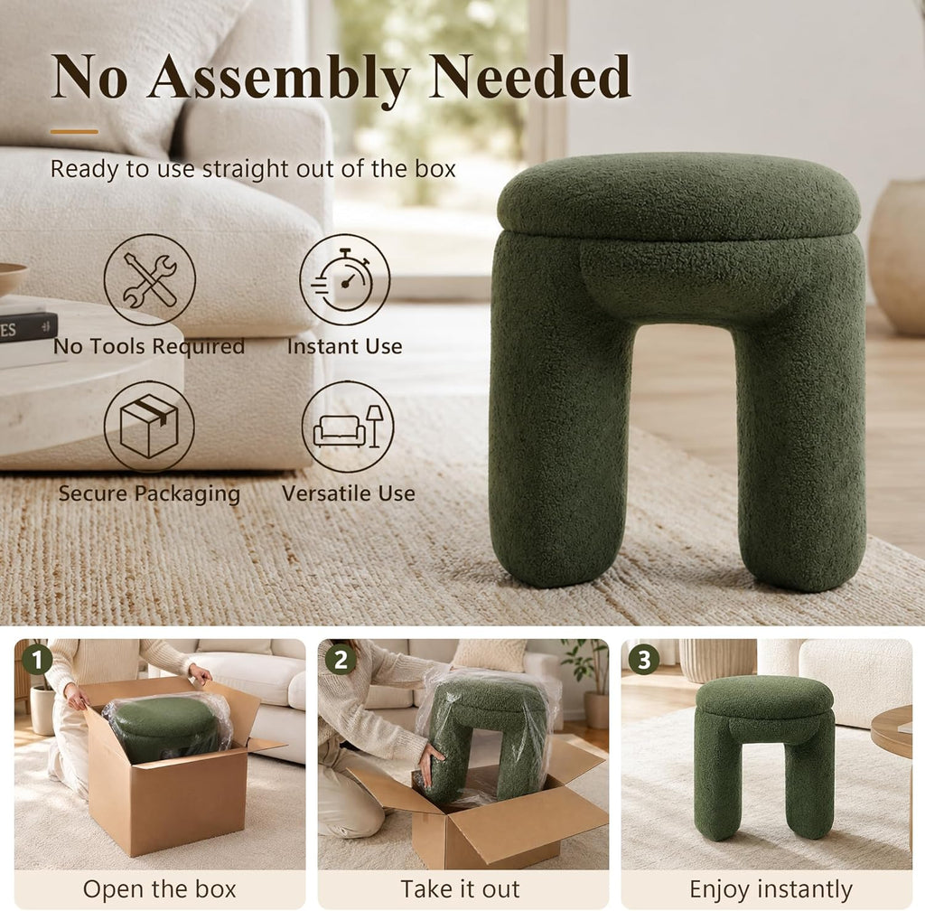 Stella Mia Round Ottoman Stool, Teddy-Like Upholstered Foot Stool with Arch Base