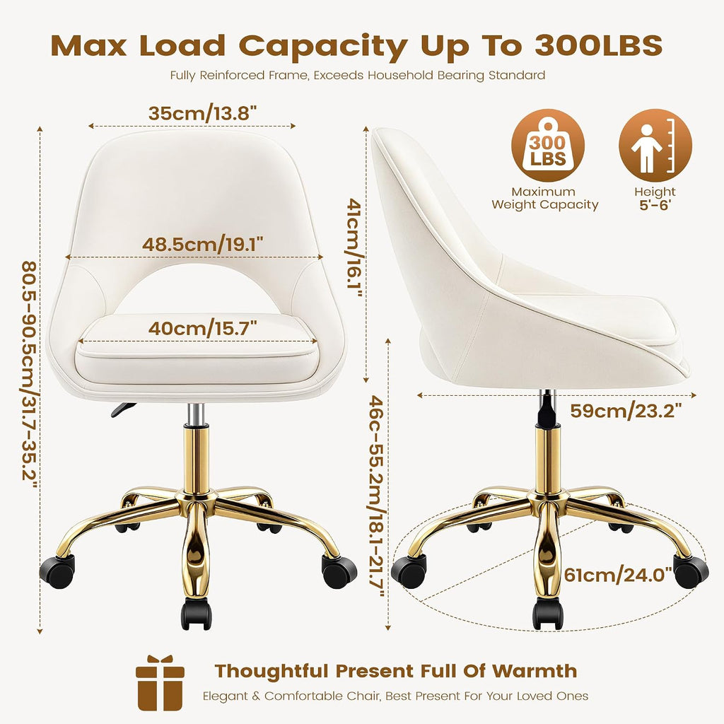 Vanity Chair with Wheels, Adjustable Makeup Desk Chair for Bedroom, Pink | Soft velvet upholstery, 300 lbs capacity, 18.1-21.7 in seat height, 360 swivel, curved back, gold base, study and home office