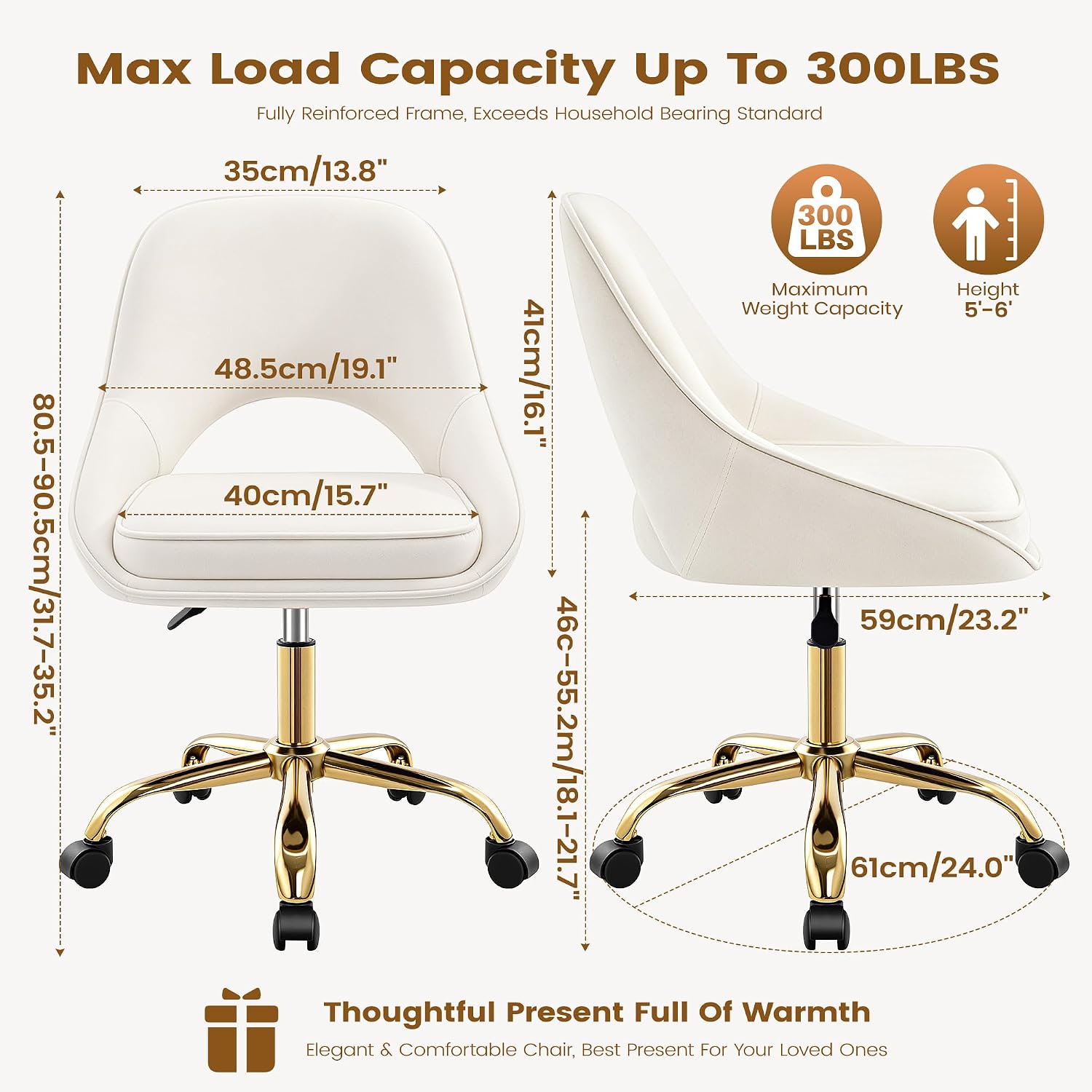 Vanity Chair with Wheels, Adjustable Makeup Desk Chair for Bedroom, Pink | Soft velvet upholstery, 300 lbs capacity, 18.1-21.7 in seat height, 360 swivel, curved back, gold base, study and home office