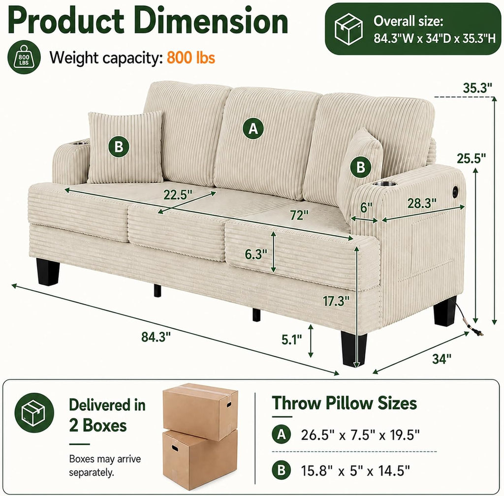 Stella Mia 85" Upholstered Sofa with USB-A & USB-C Charging Port, Stainless Steel Cup Holders