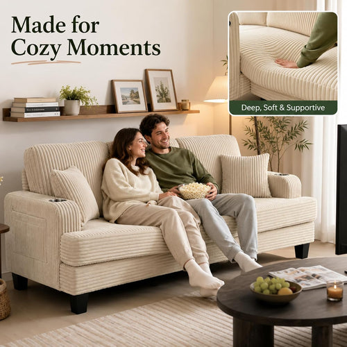 Stella Mia 85" Upholstered Sofa with USB-A & USB-C Charging Port, Stainless Steel Cup Holders