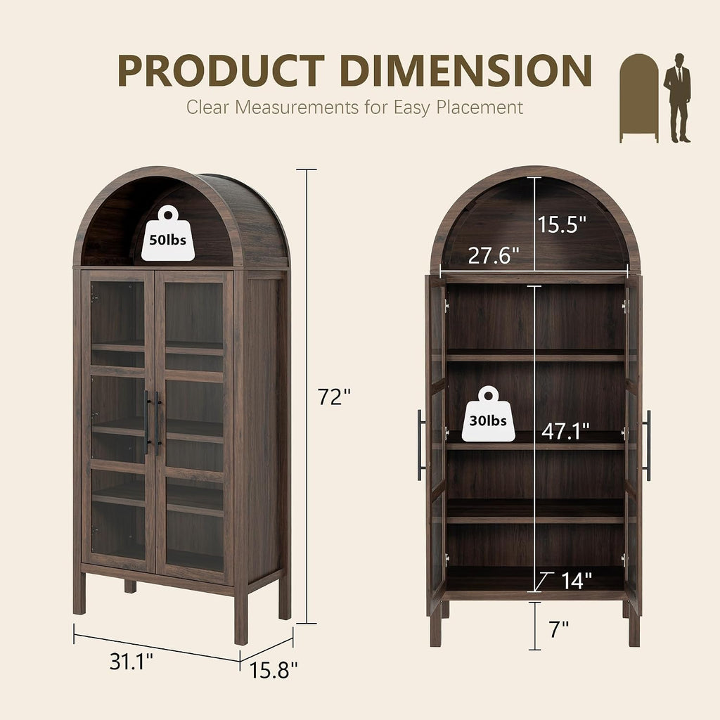 Stella Mia 72" Tall Arched Display Cabinet with Glass Doors