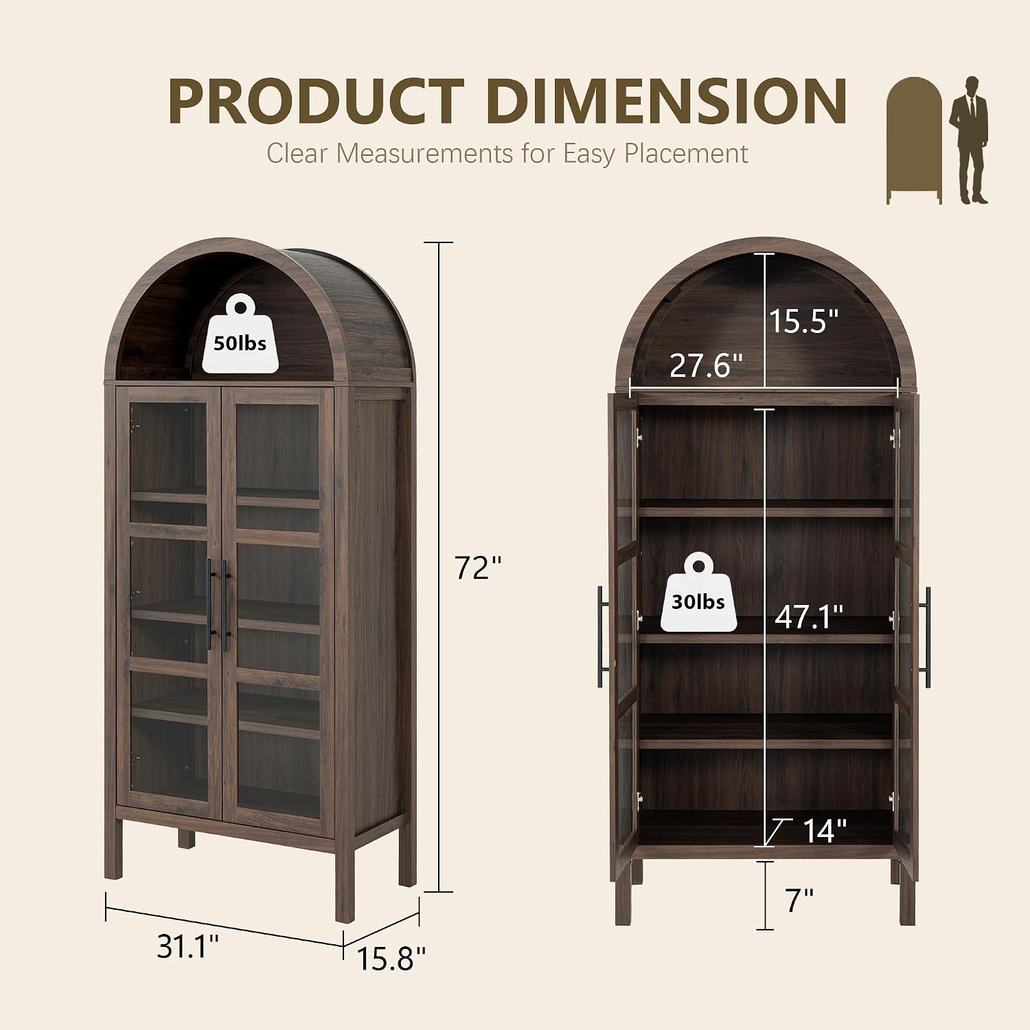 Stella Mia 72" Tall Arched Display Cabinet with Glass Doors
