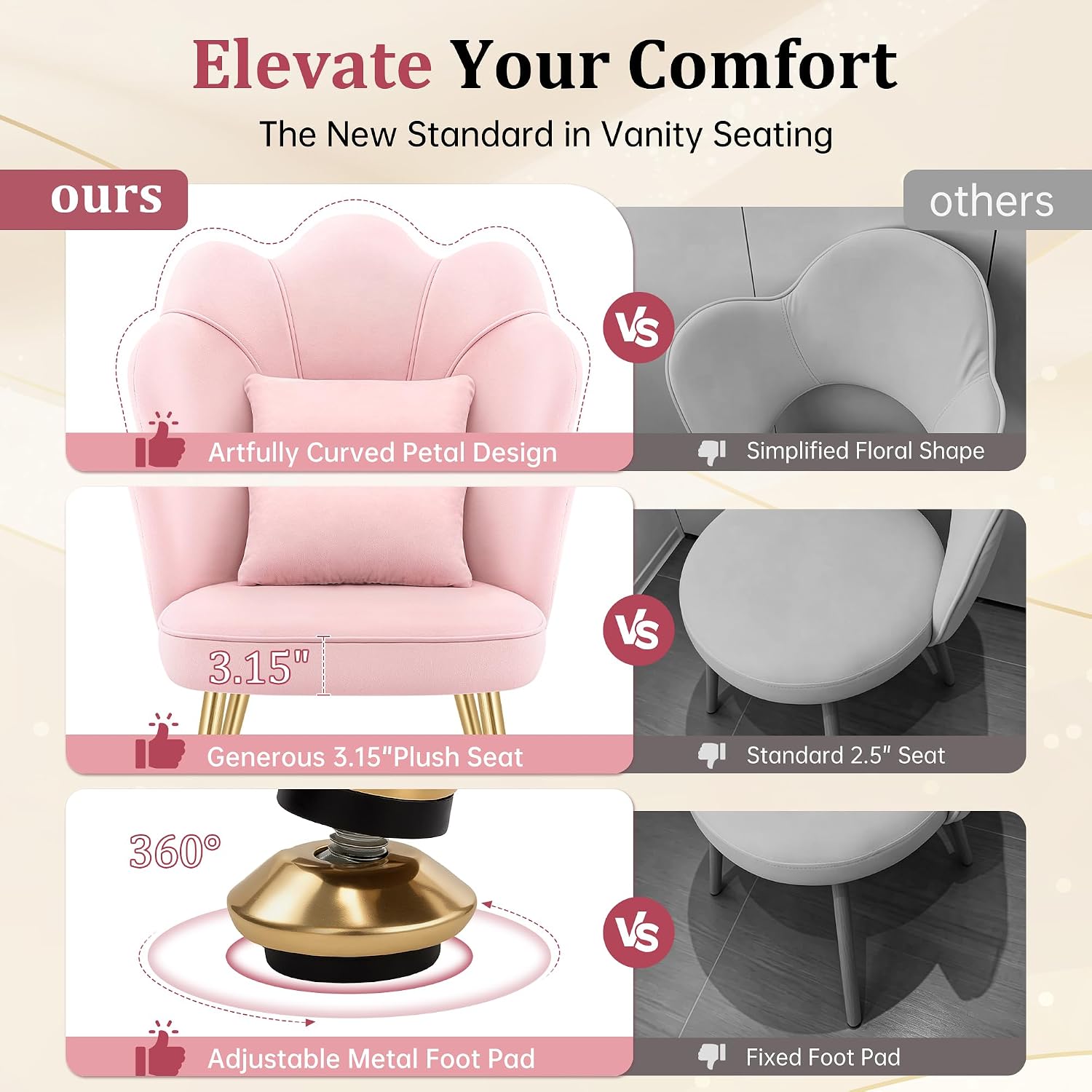 Petal Vanity Chair with Back, Cute Girls Desk Chair Comfy No Wheels, Small Accent Chair with Adjustable Gold Legs & Lumbar Pillow for Bedroom Makeup Room Home Office