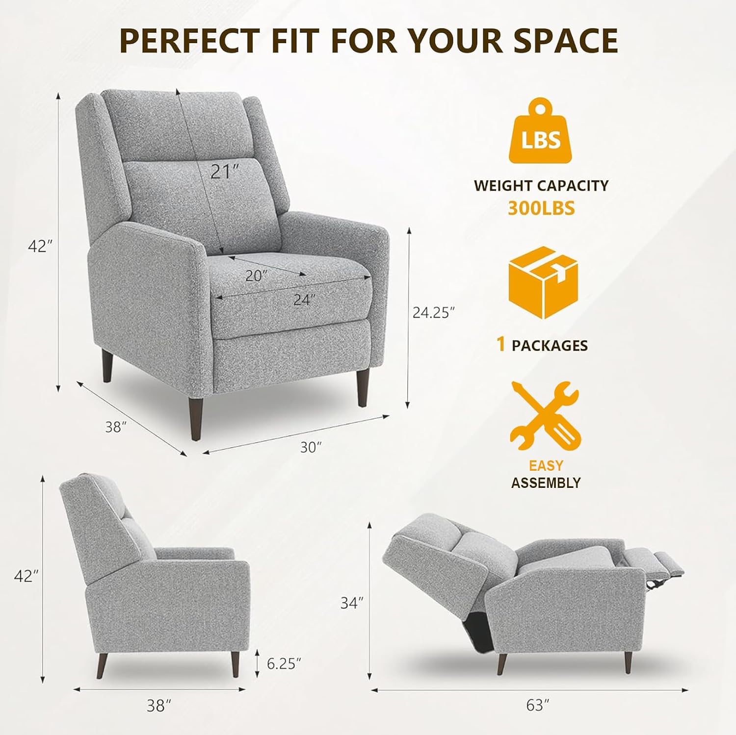 Stella Mia Manual Recliner Chair, Extra Wide Recliner for Adults, Adjustable Fabric Lounge Chair
