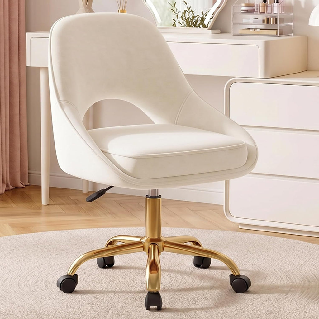 Vanity Chair with Wheels, Adjustable Makeup Desk Chair for Bedroom, Pink | Soft velvet upholstery, 300 lbs capacity, 18.1-21.7 in seat height, 360 swivel, curved back, gold base, study and home office
