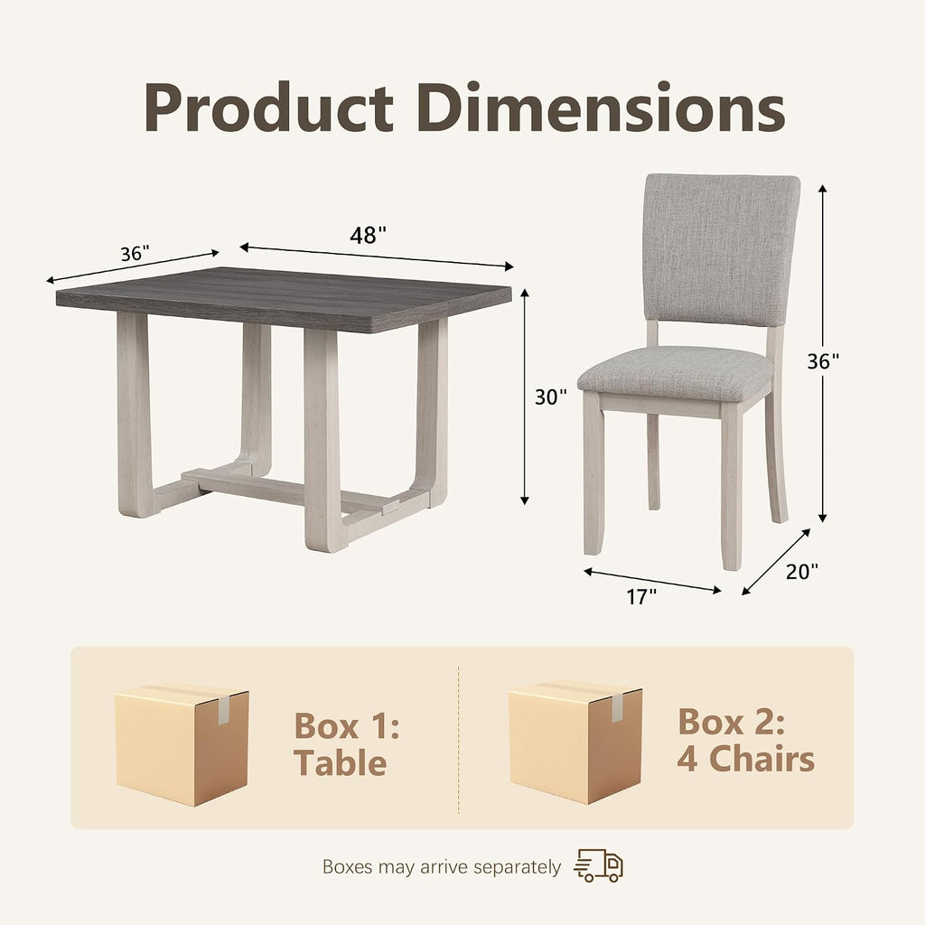 Stella Mia 5-Piece Dining Table Set for 4, 48" Rectangular Solid Wood Kitchen Table with Trestle Base and 4 Upholstered Chairs