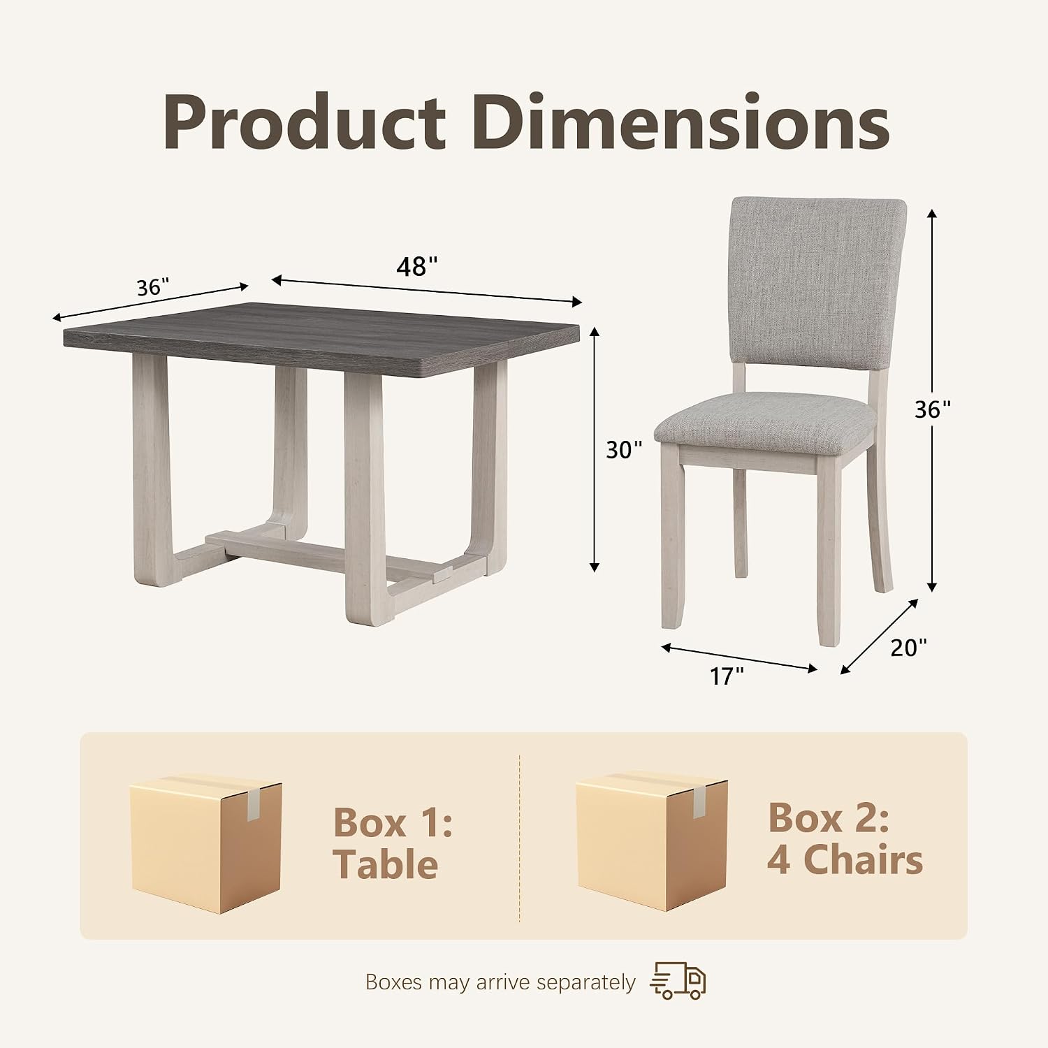 Stella Mia 5-Piece Dining Table Set for 4, 48" Rectangular Solid Wood Kitchen Table with Trestle Base and 4 Upholstered Chairs