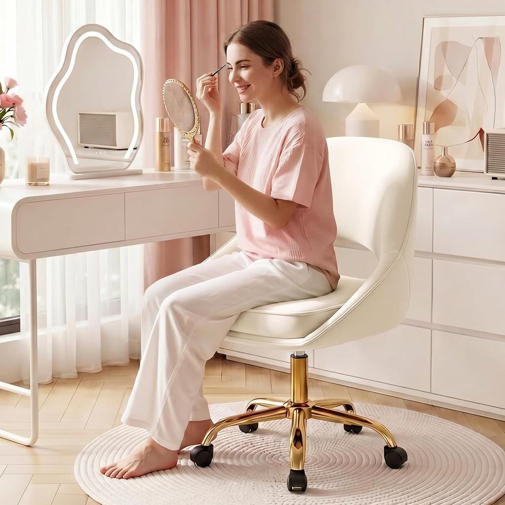 Vanity Chair with Wheels, Adjustable Makeup Desk Chair for Bedroom, Pink | Soft velvet upholstery, 300 lbs capacity, 18.1-21.7 in seat height, 360 swivel, curved back, gold base, study and home office