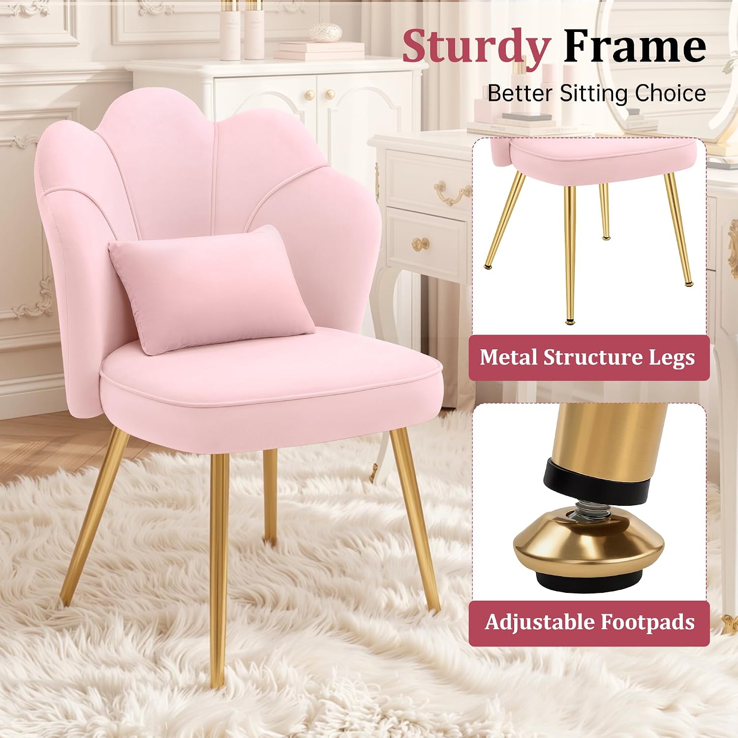 Petal Vanity Chair with Back, Cute Girls Desk Chair Comfy No Wheels, Small Accent Chair with Adjustable Gold Legs & Lumbar Pillow for Bedroom Makeup Room Home Office