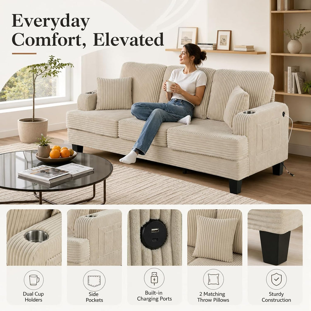 Stella Mia 85" Upholstered Sofa with USB-A & USB-C Charging Port, Stainless Steel Cup Holders