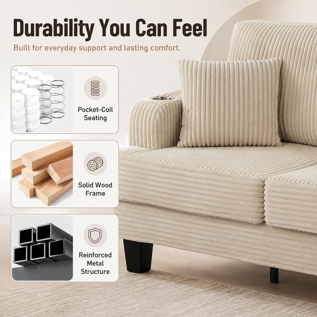 Stella Mia 85" Upholstered Sofa with USB-A & USB-C Charging Port, Stainless Steel Cup Holders