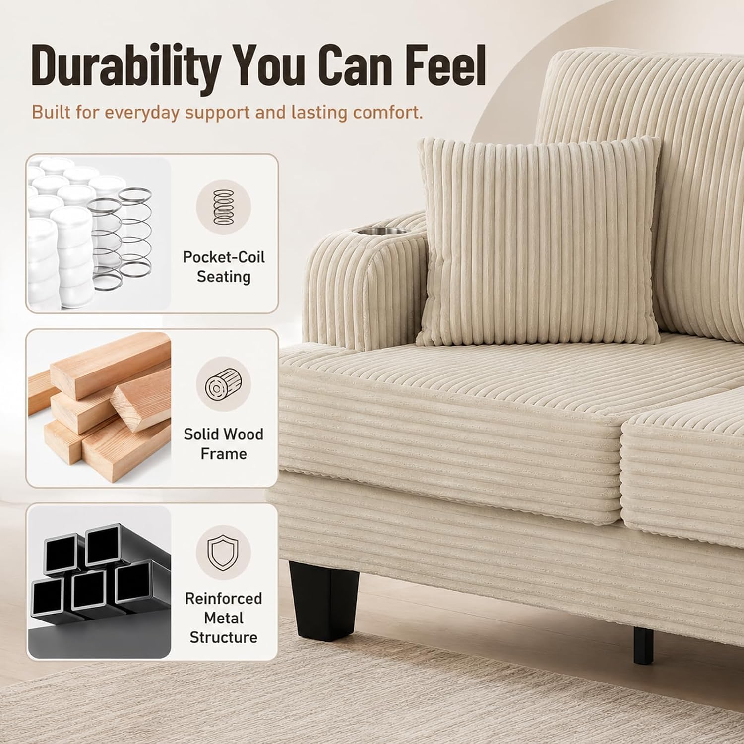 Stella Mia 85" Upholstered Sofa with USB-A & USB-C Charging Port, Stainless Steel Cup Holders