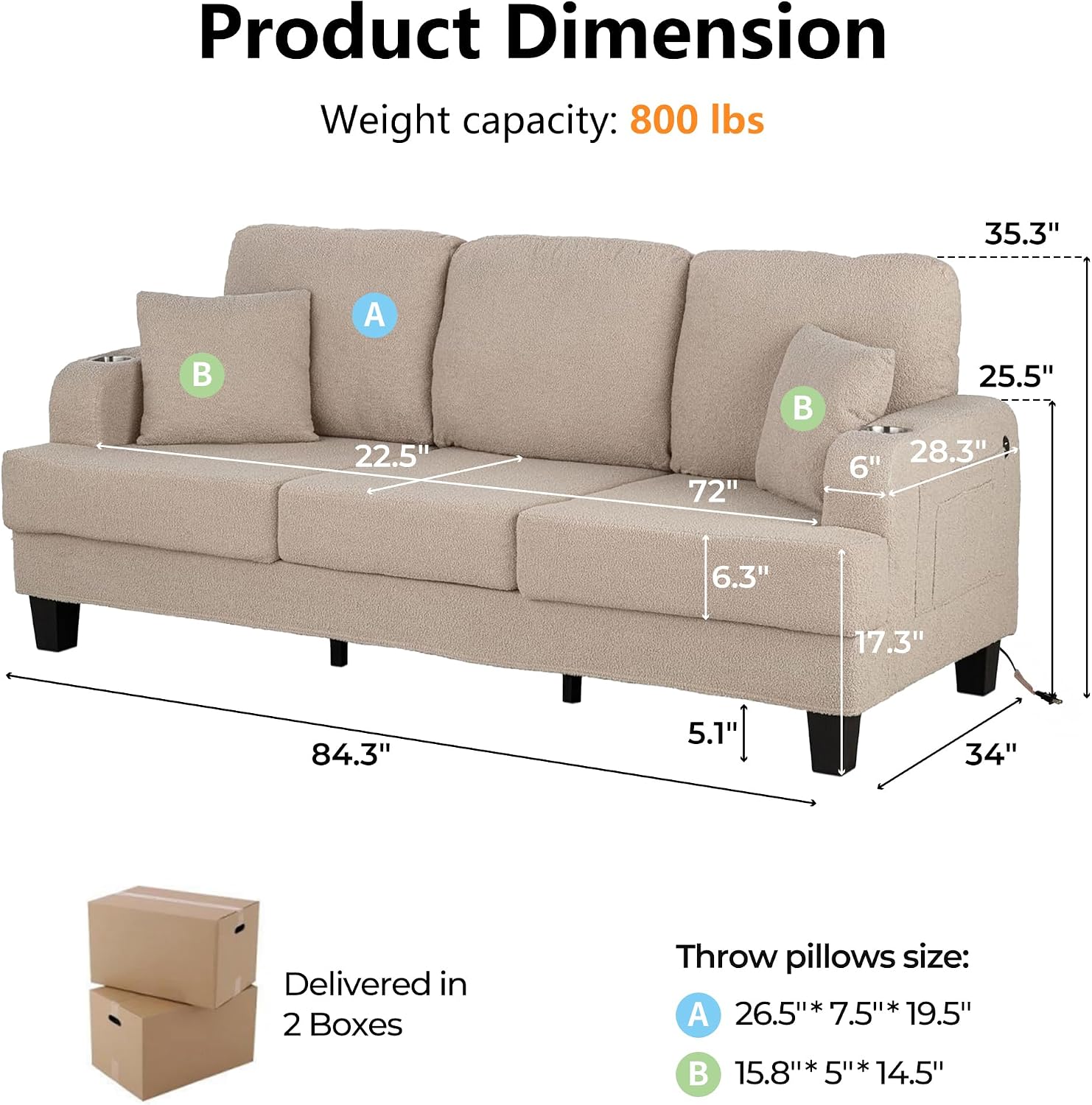 Stella Mia 85" Upholstered Sofa with USB-A & USB-C Charging Port, Stainless Steel Cup Holders