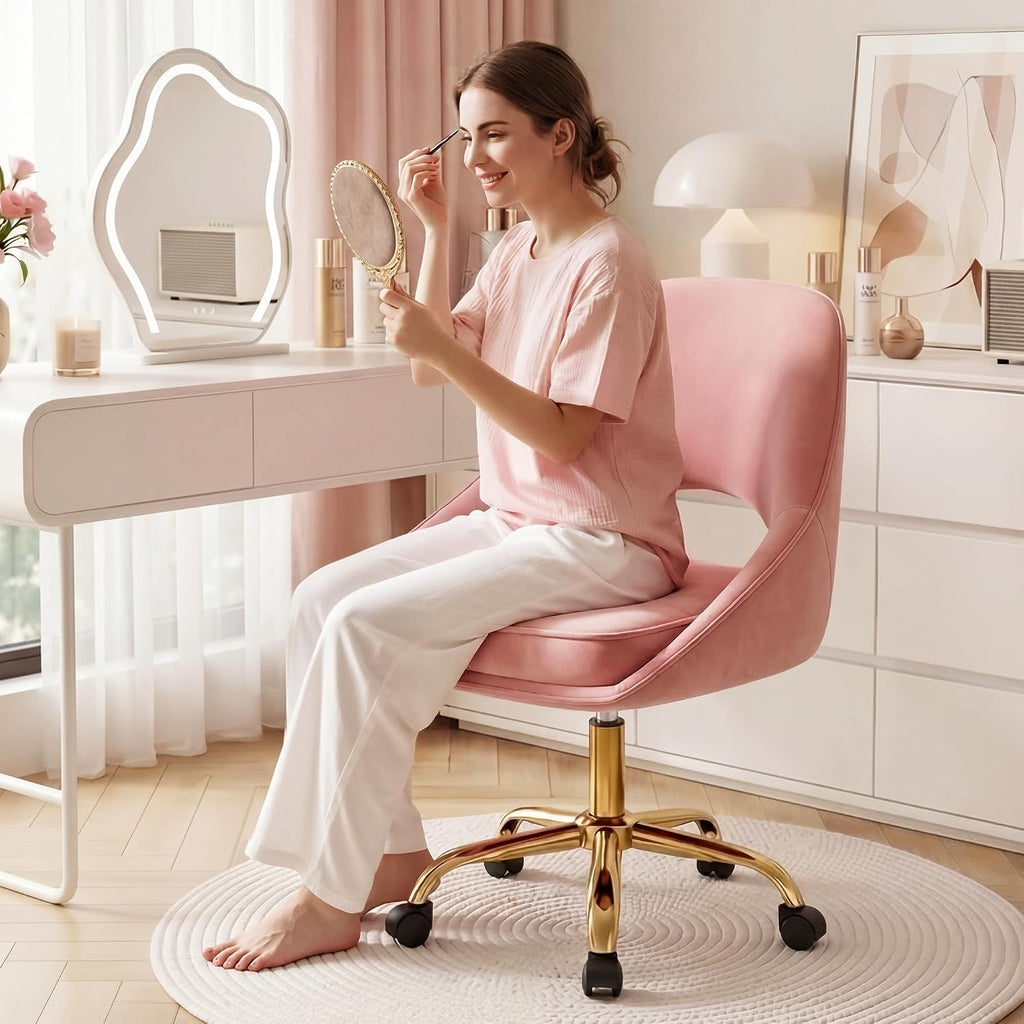 Vanity Chair with Wheels, Adjustable Makeup Desk Chair for Bedroom, Pink | Soft velvet upholstery, 300 lbs capacity, 18.1-21.7 in seat height, 360 swivel, curved back, gold base, study and home office