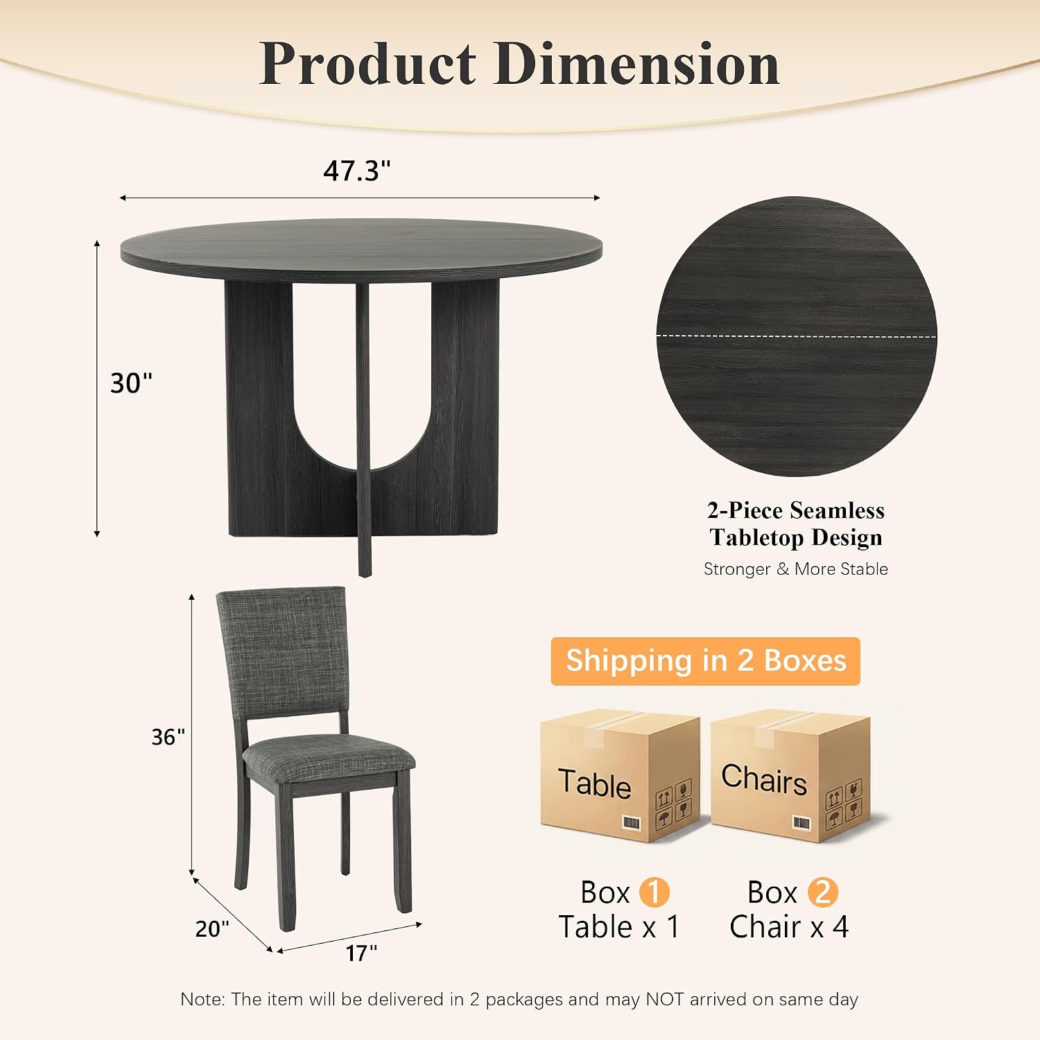 Stella Mia Round Dining Table Set for 4, 47" Round Tabletop, Dark Gray | U-Shaped Pedestal Base