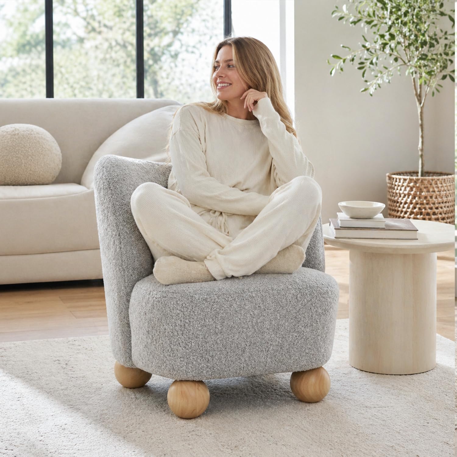 Stella Mia Boucle Accent Chair with Rounded Curves and Sculptural Ball Feet