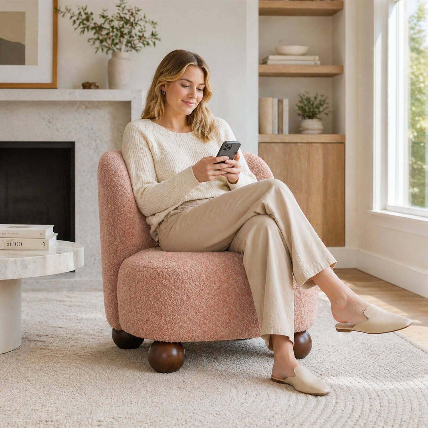 Stella Mia Boucle Accent Chair with Rounded Curves and Sculptural Ball Feet