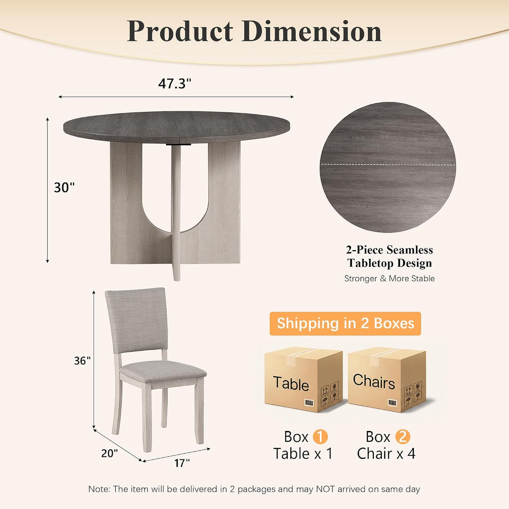 Stella Mia Round Dining Table Set for 4, 47" Round Tabletop, Dark Gray | U-Shaped Pedestal Base
