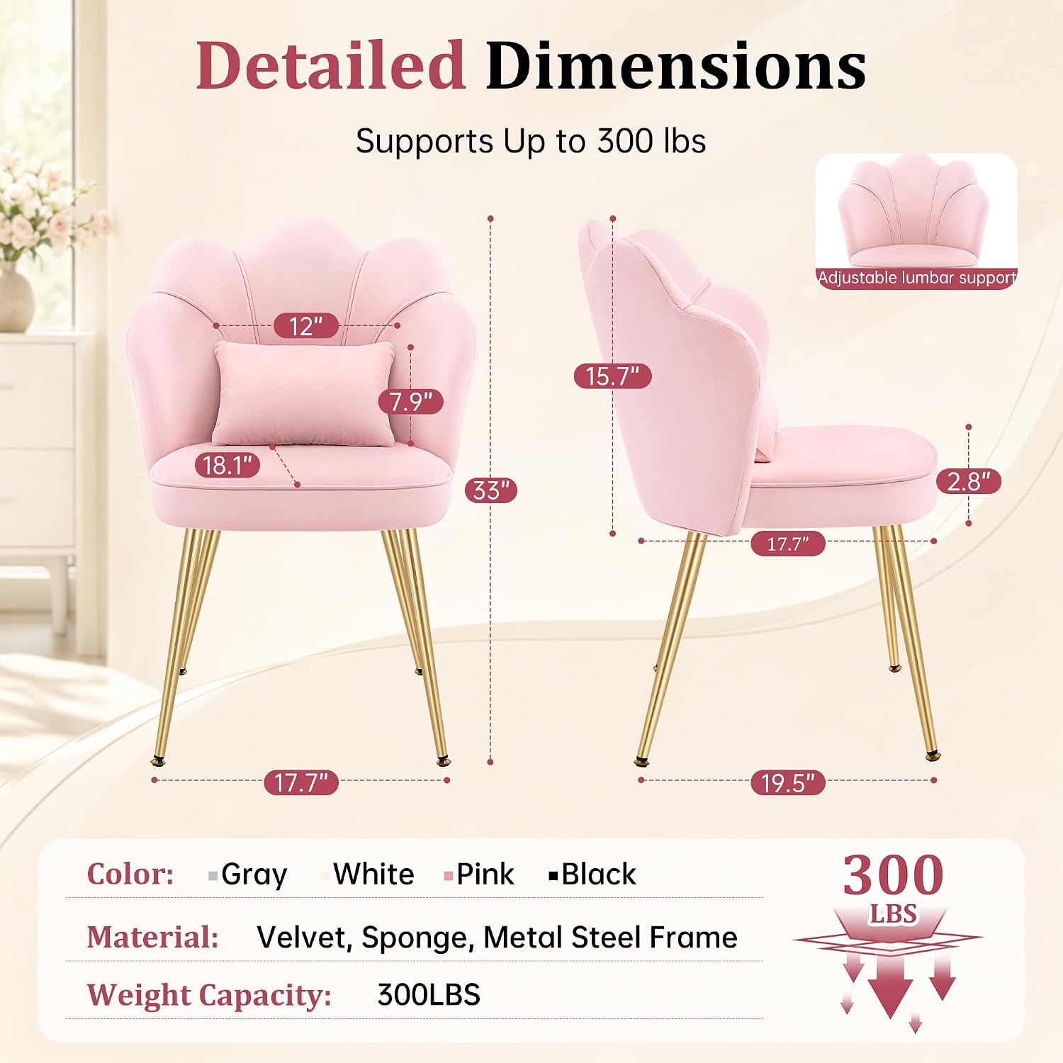 Petal Vanity Chair with Back, Cute Girls Desk Chair Comfy No Wheels, Small Accent Chair with Adjustable Gold Legs & Lumbar Pillow for Bedroom Makeup Room Home Office