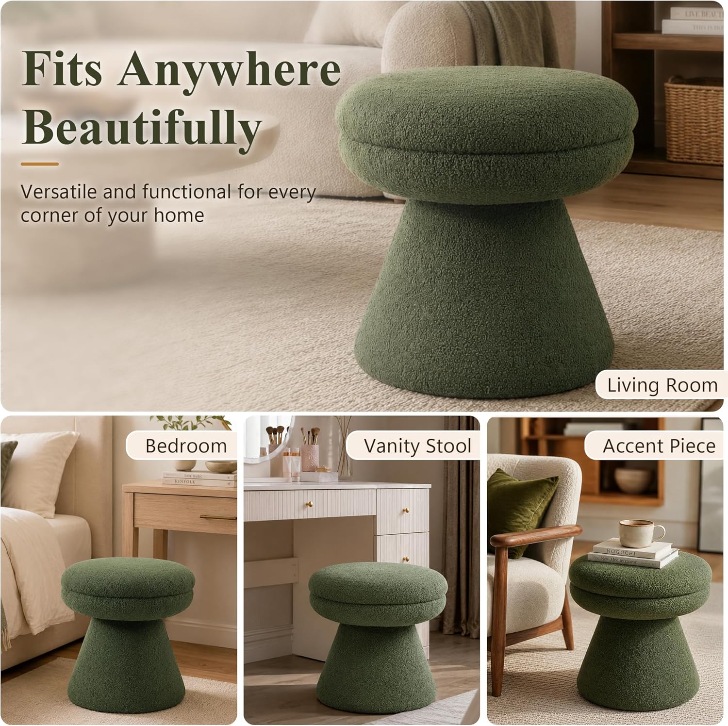 Stella Mia Mushroom Ottoman Stool, Teddy-Like Upholstered Small Ottoman with Pedestal Base