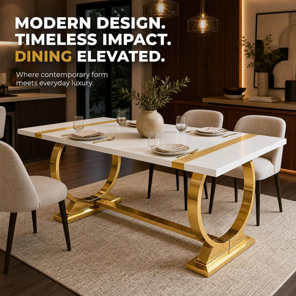 Stella Mia 60 Inch Modern Contemporary Rectangular Dining Table for 4–6, White Kitchen Table with Gold Polished Steel Base