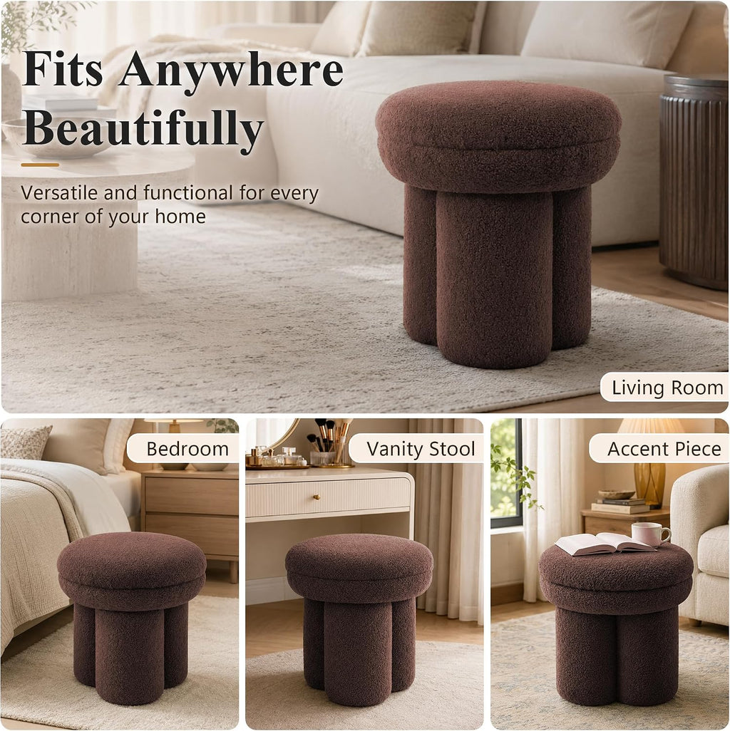 Stella Mia Mushroom Ottoman Stool, Teddy-Like Upholstered Accent Stool with Tri-Pillar Pedestal Base