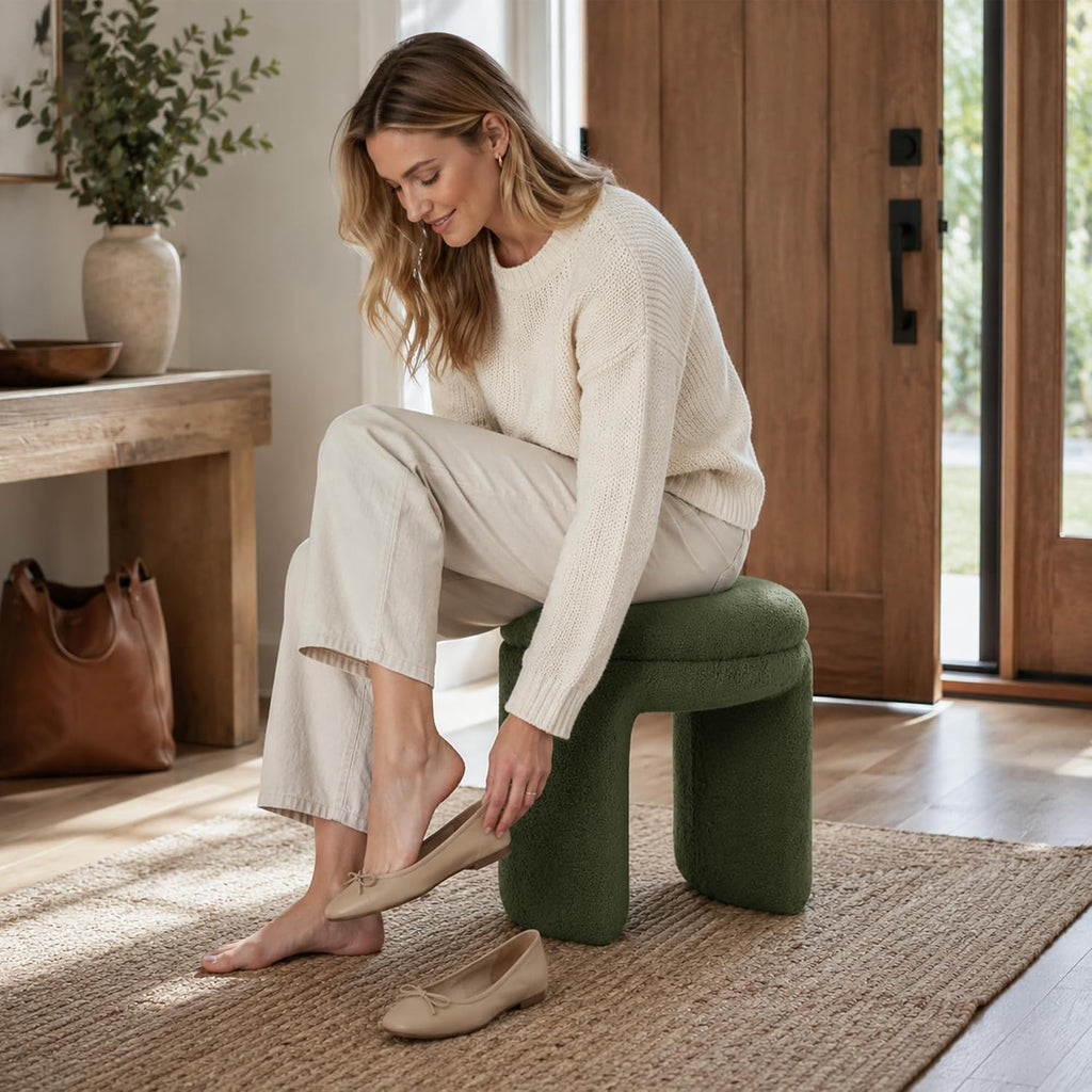 Stella Mia Round Ottoman Stool, Teddy-Like Upholstered Foot Stool with Arch Base