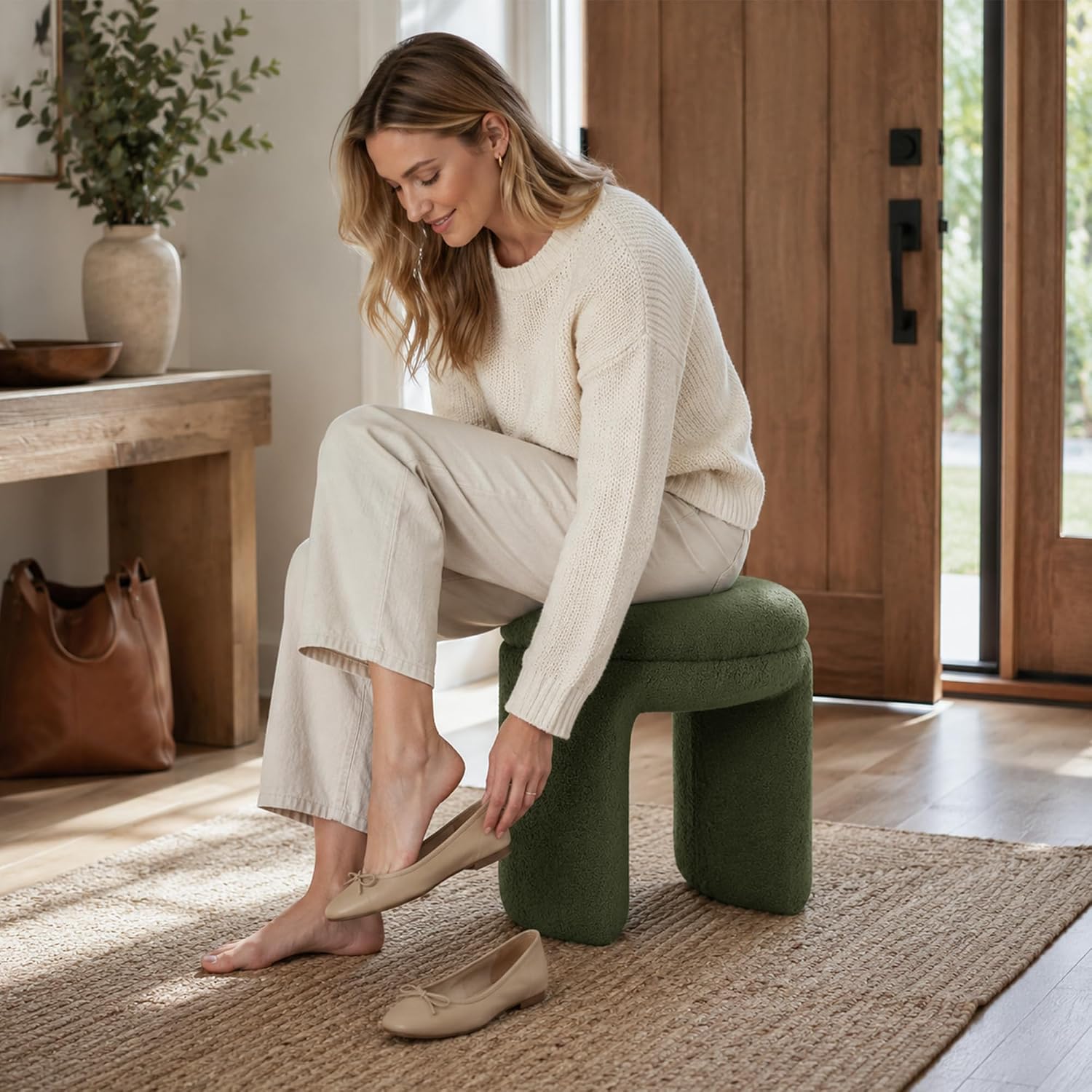 Stella Mia Round Ottoman Stool, Teddy-Like Upholstered Foot Stool with Arch Base