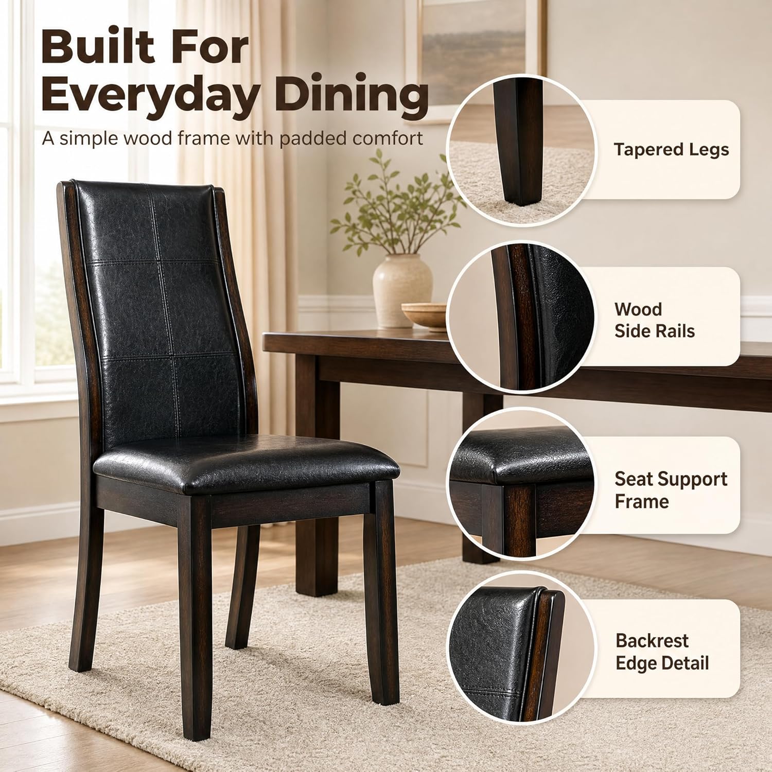 Stella Mia Standard Height Dining Chairs Set of 2, Traditional Armless Tall Dining Side Chairs with Dark Wood Legs for Regular Dining Table