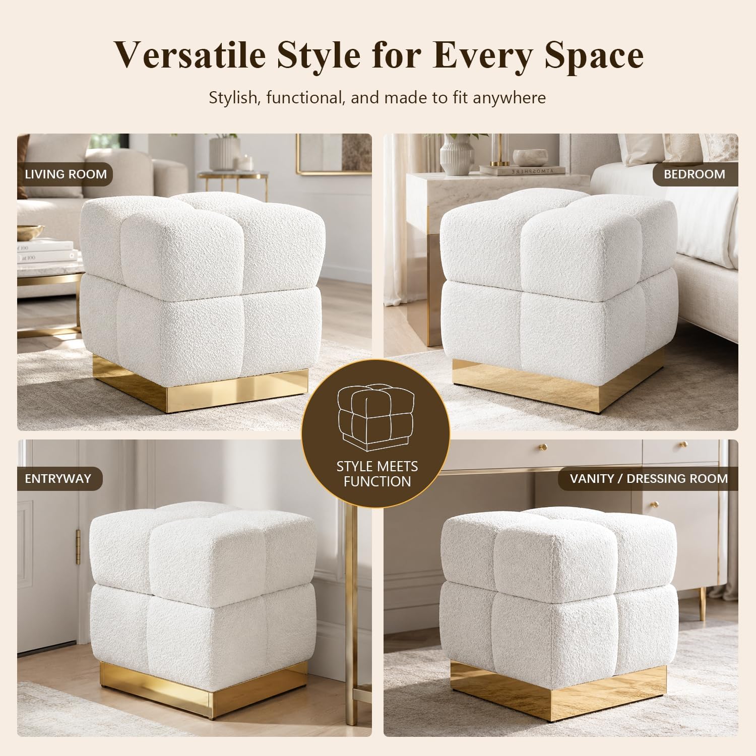 Stella Mia Boucle Storage Ottoman Stool, Modern Vanity Stool with Biscuit Tufting and Gold Stainless Steel Base