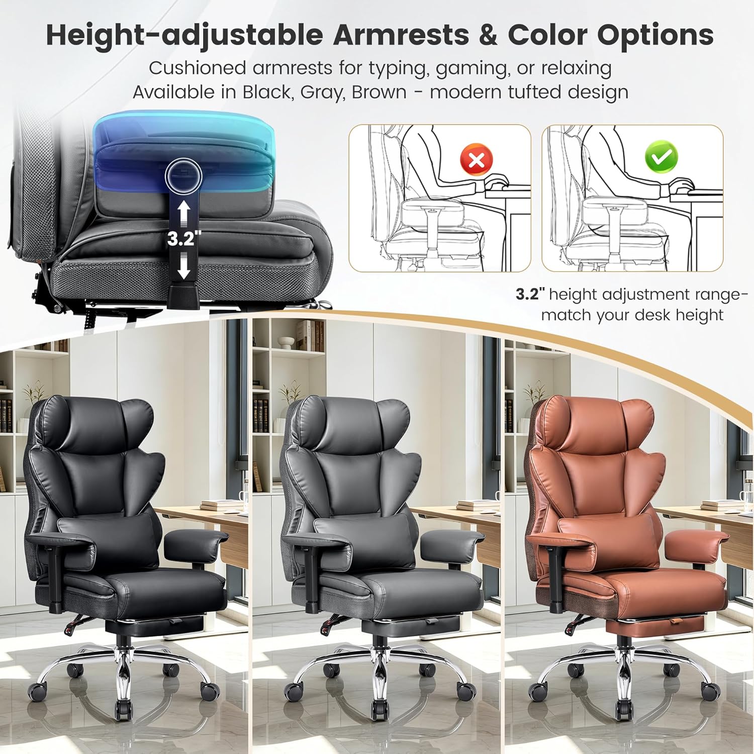 Stella Mia Big & Tall Office Chair 400 LBS Capacity, Heavy Duty Ergonomic Executive Computer Chair with Adjustable Arms and Wide Seat