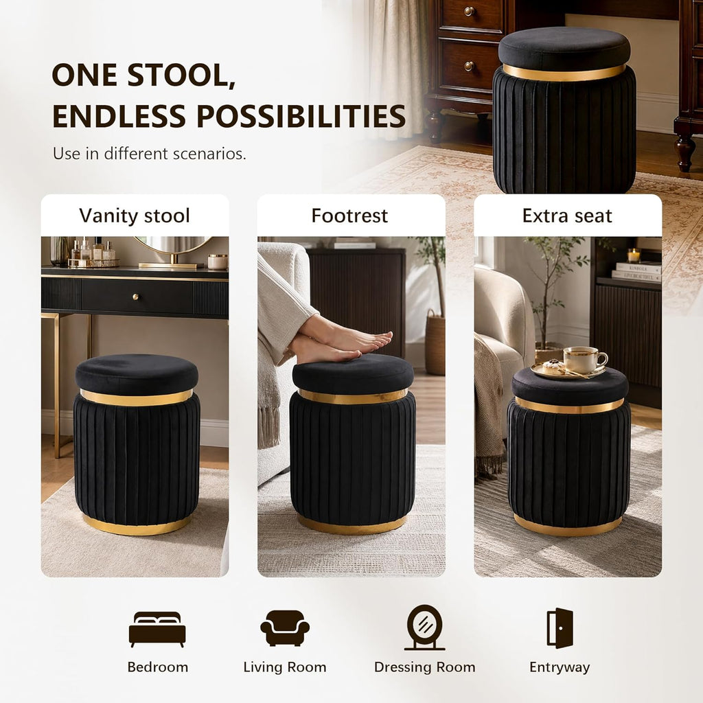 Stella Mia Round Ottoman, Velvet Upholstered Small Foot Stool with Gold Trim, Modern Ottoman Foot Rest with Stainless Steel Base