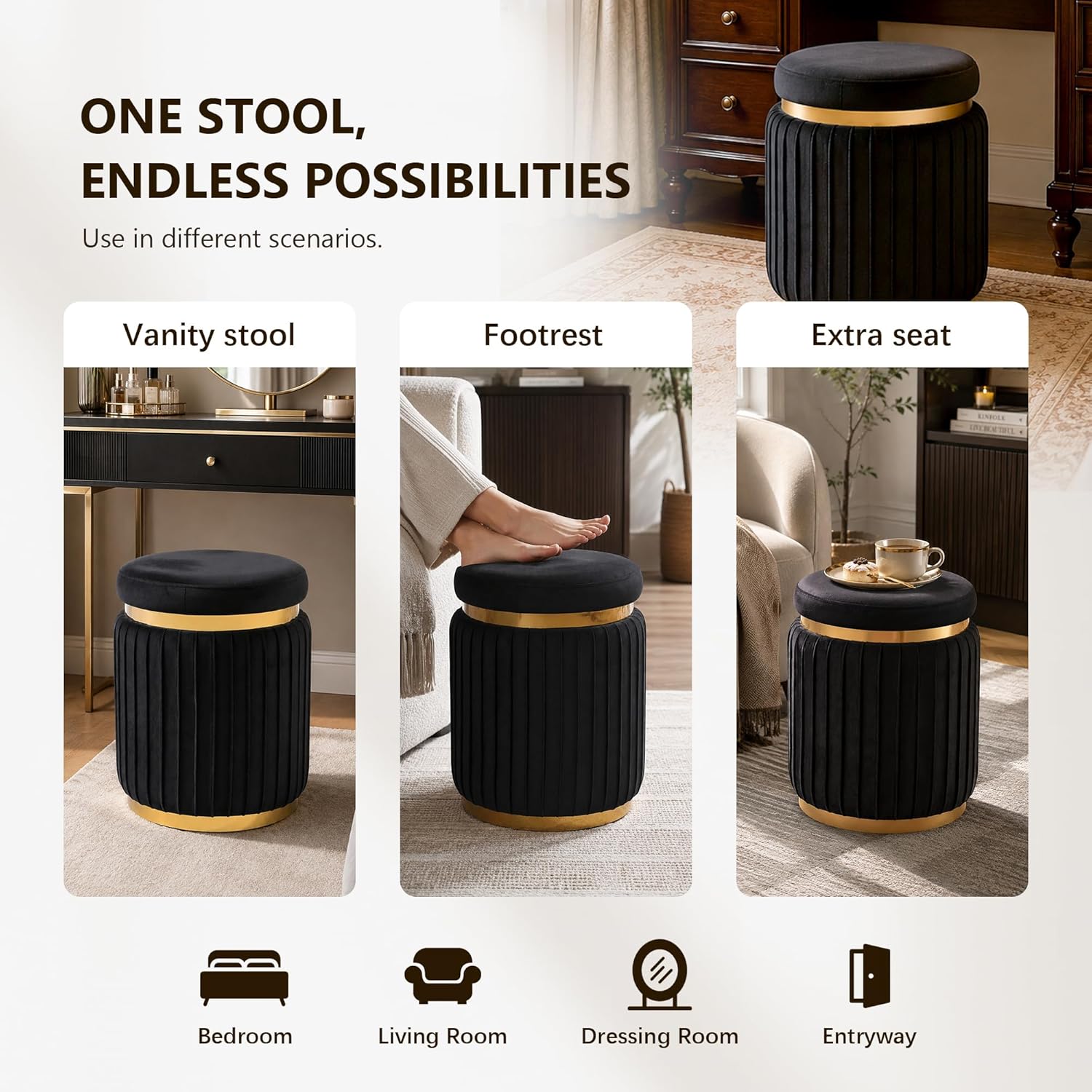 Stella Mia Round Ottoman, Velvet Upholstered Small Foot Stool with Gold Trim, Modern Ottoman Foot Rest with Stainless Steel Base